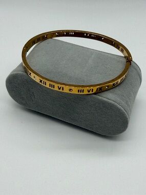 Roman Numeral Hinged Bangle Bracelet with Crystals - Rose Goldtone
